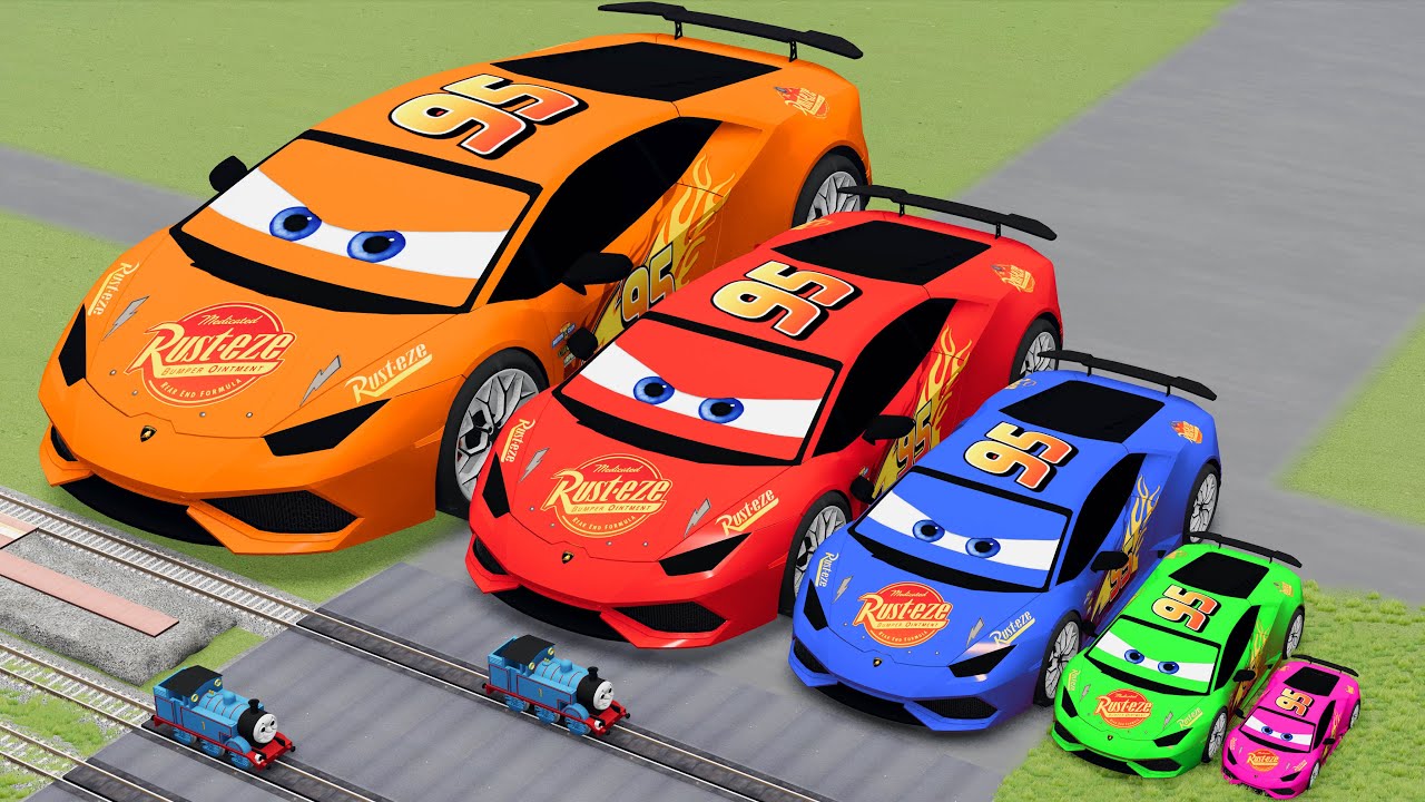 Big & Small Colors Lamborghini Lightning McQueen VS Train Thomas | BeamNG.drive