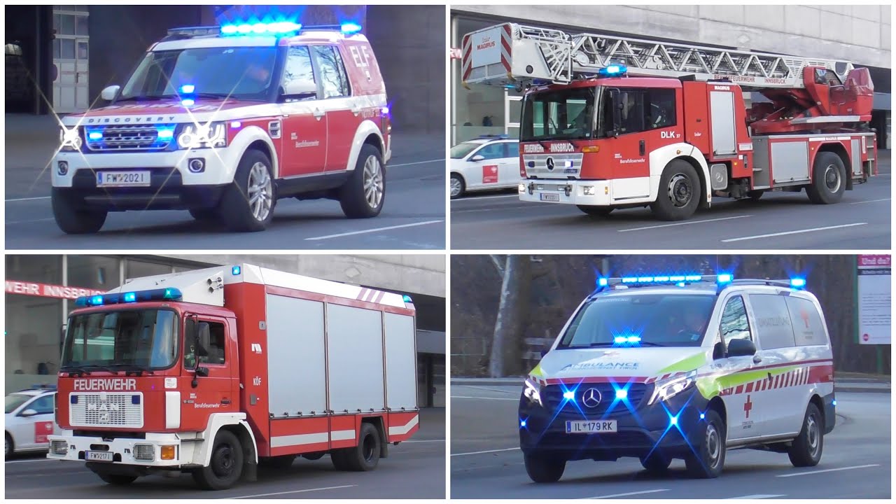[Gebäudebrand] ELF + DLK 37 + 2x TLF-A 3000/500 a.D. + KÖF BF + REF ÖRK Innsbruck - Einsatzfahrt