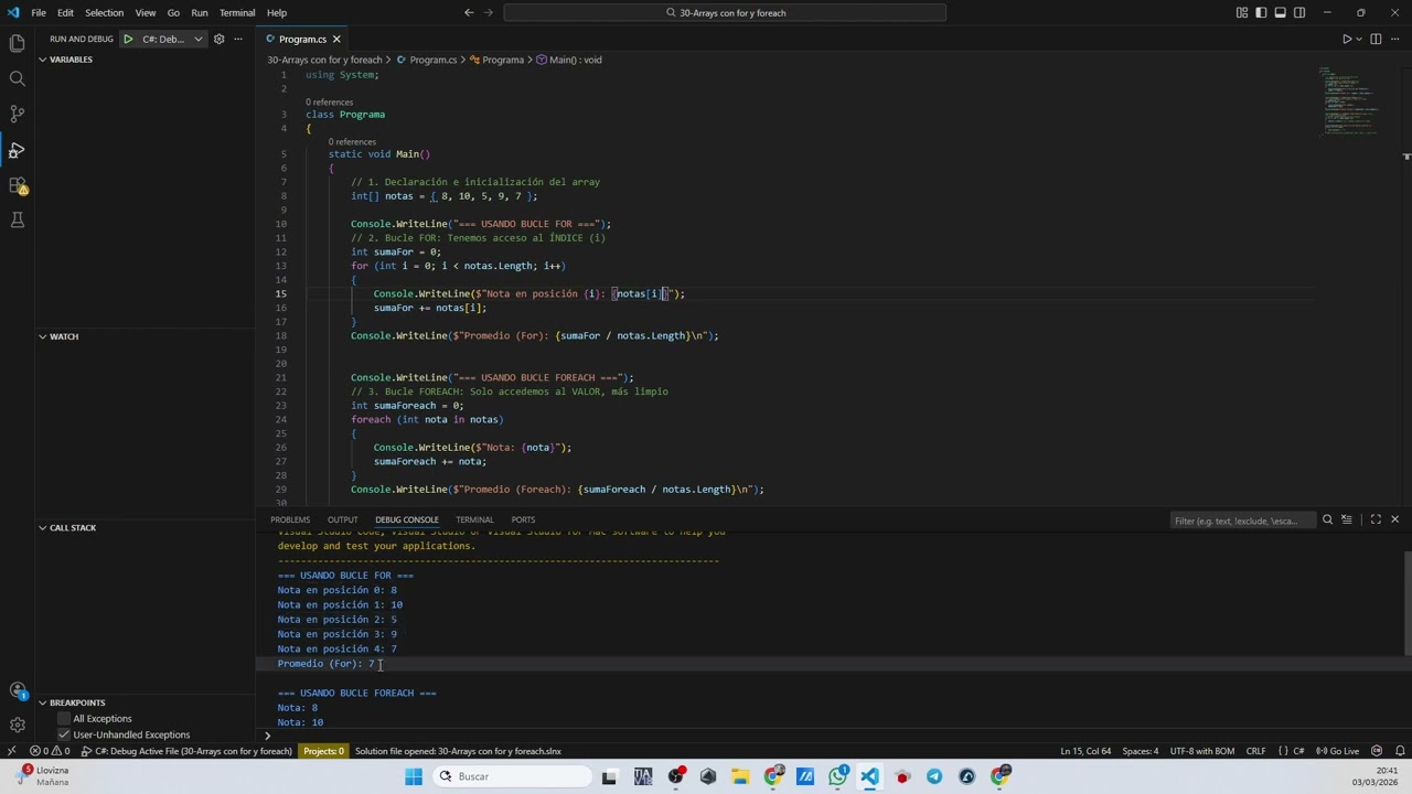 30 C# Arrays con For y Foreach