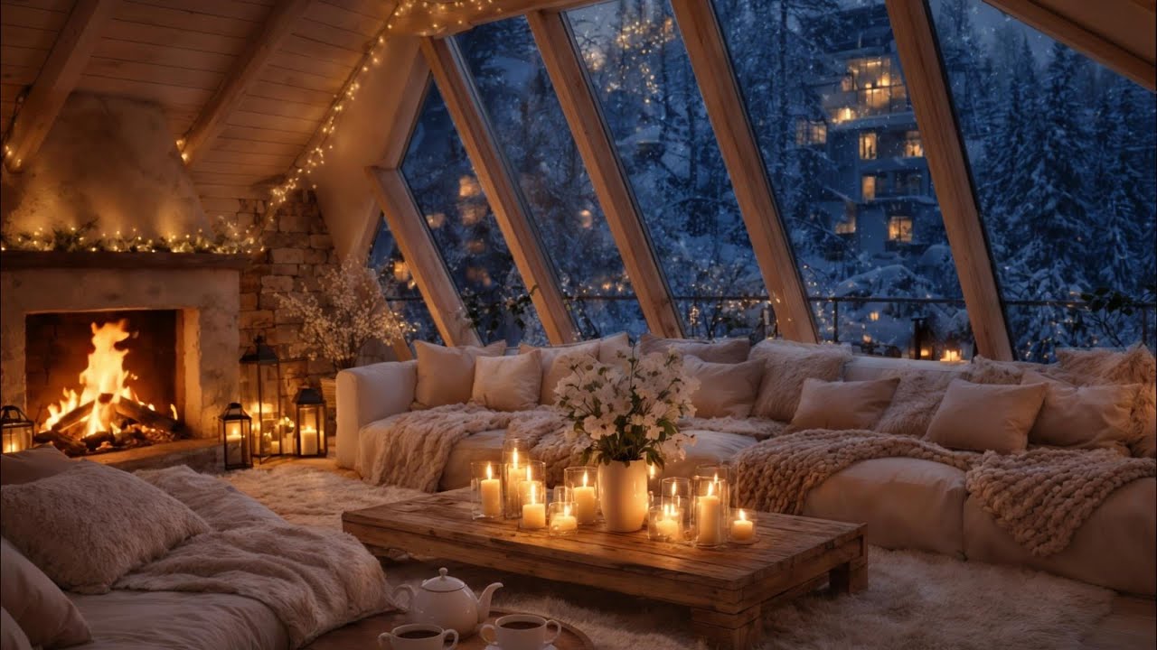 🎹 Soft piano 🔥 Fireplace sounds ❄️ Snowfall Cozy ambience Perfect for Relax, Stress relief, Sleep