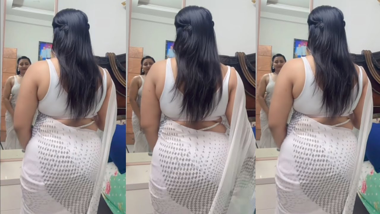 White Chiffon Saree Back Look in Mirror | Elegant White Blouse Style & Graceful Indian Beauty