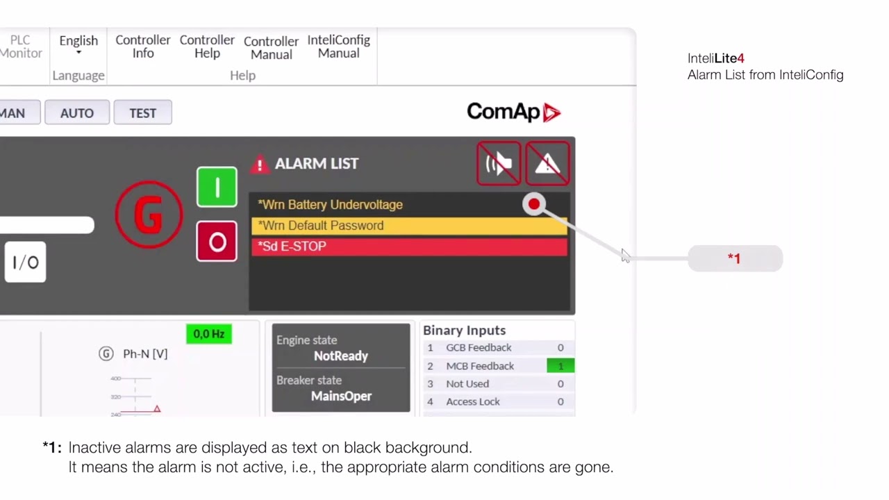 Controlador InteliLite4: Lista de alarmas Descripción