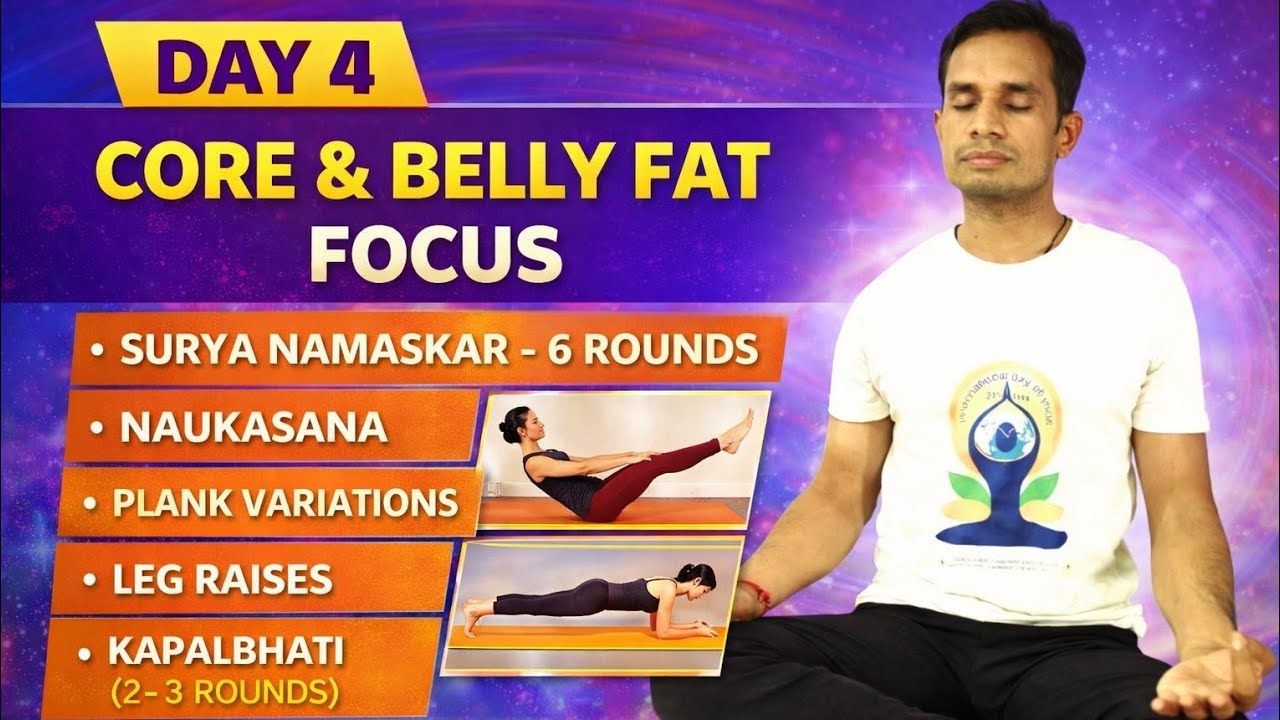 🟣LIVE YOGA Day 4 – Core & Belly Fat Focus and full body streaching #ballyfat #damodarbohra #liveyoga
