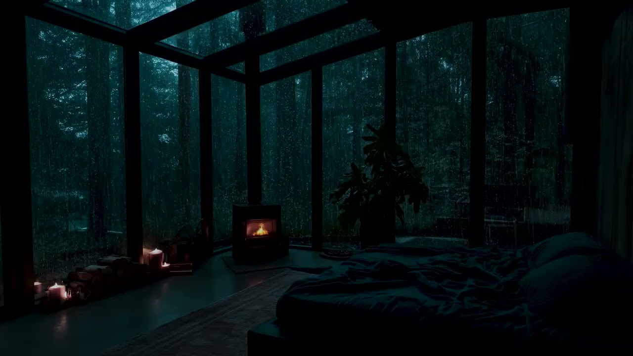 Rainy Forest Night in a Glass House 🌧️ Cozy Fireplace Sounds for Sleep and Insomnia Help
