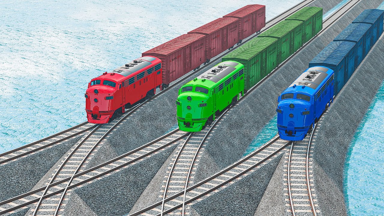Triple Colorful Trains Vs Double Y Impossible Weird Rails Tracks Crossing Deepwater | BeamNG.drive
