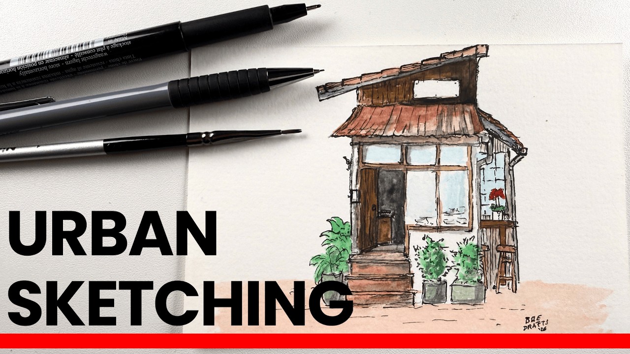 URBAN SKETCHING: Drawing Cozy Coffee House ( Real Time). Watercolor & Ink - No Talking