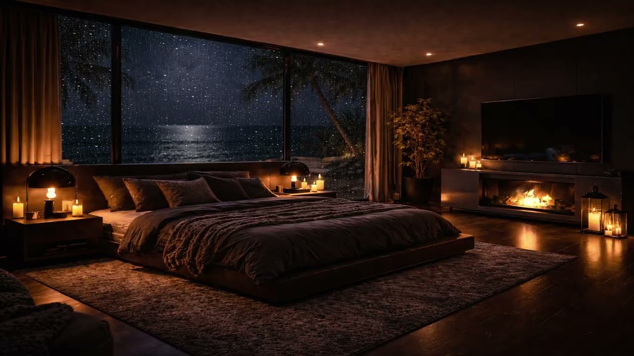4 Hours Rainy Night Bedroom Ambience 🌧️ Ocean Waves & Fireplace Sounds for Deep Sleep