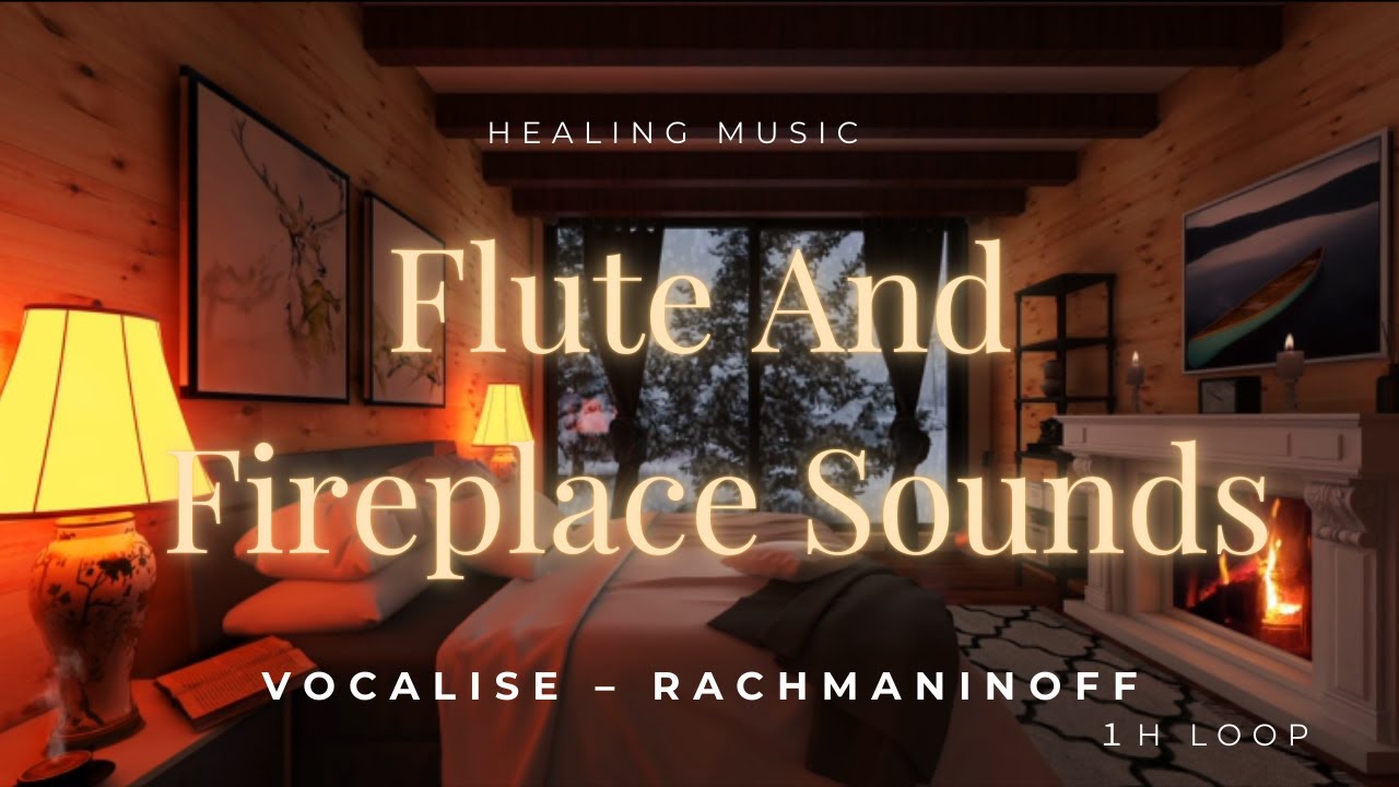 1 Hour Relaxing Flute Music with Fireplace Sounds | Rachmaninoff Vocalise