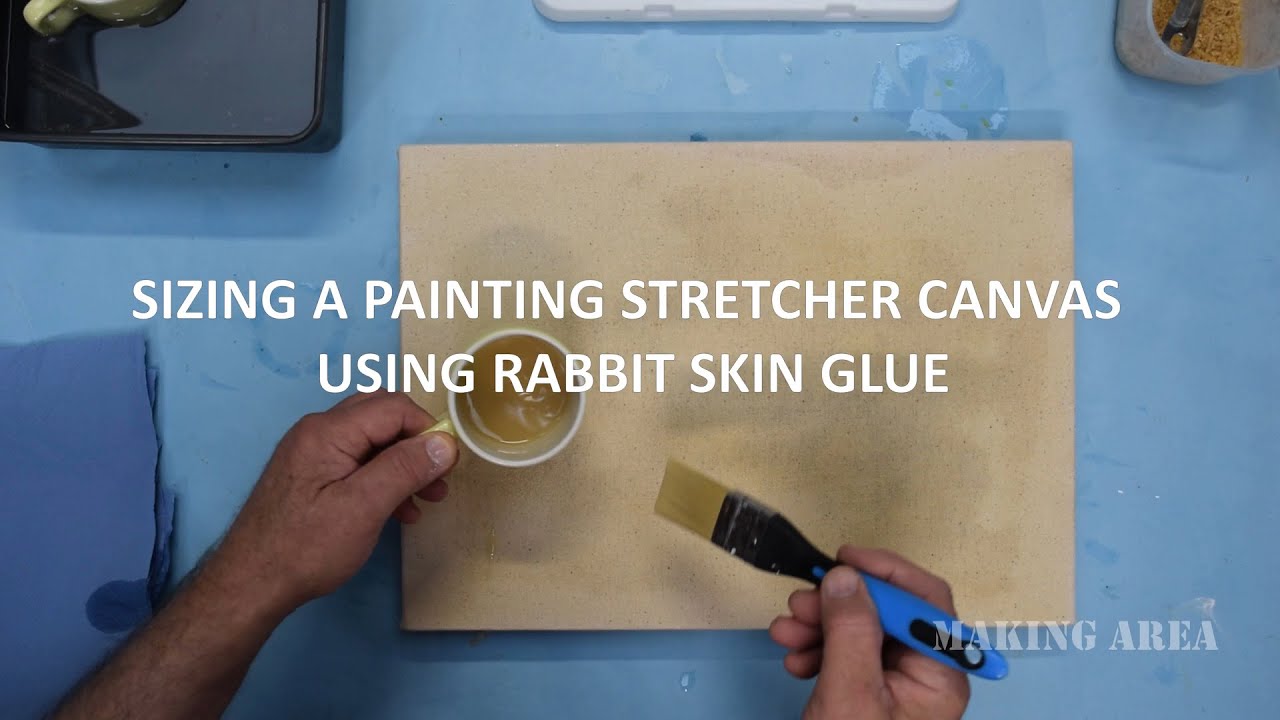 Sizing a painting stretcher canvas using rabbit skin glue