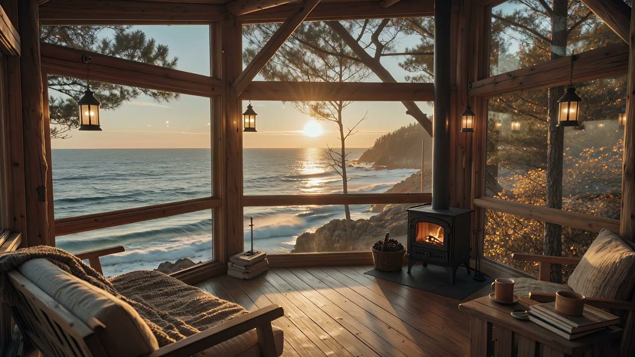Coastal Cabin Sunset 🌊🔥 | Peaceful Ocean Waves and Fireplace Ambience for Relaxation