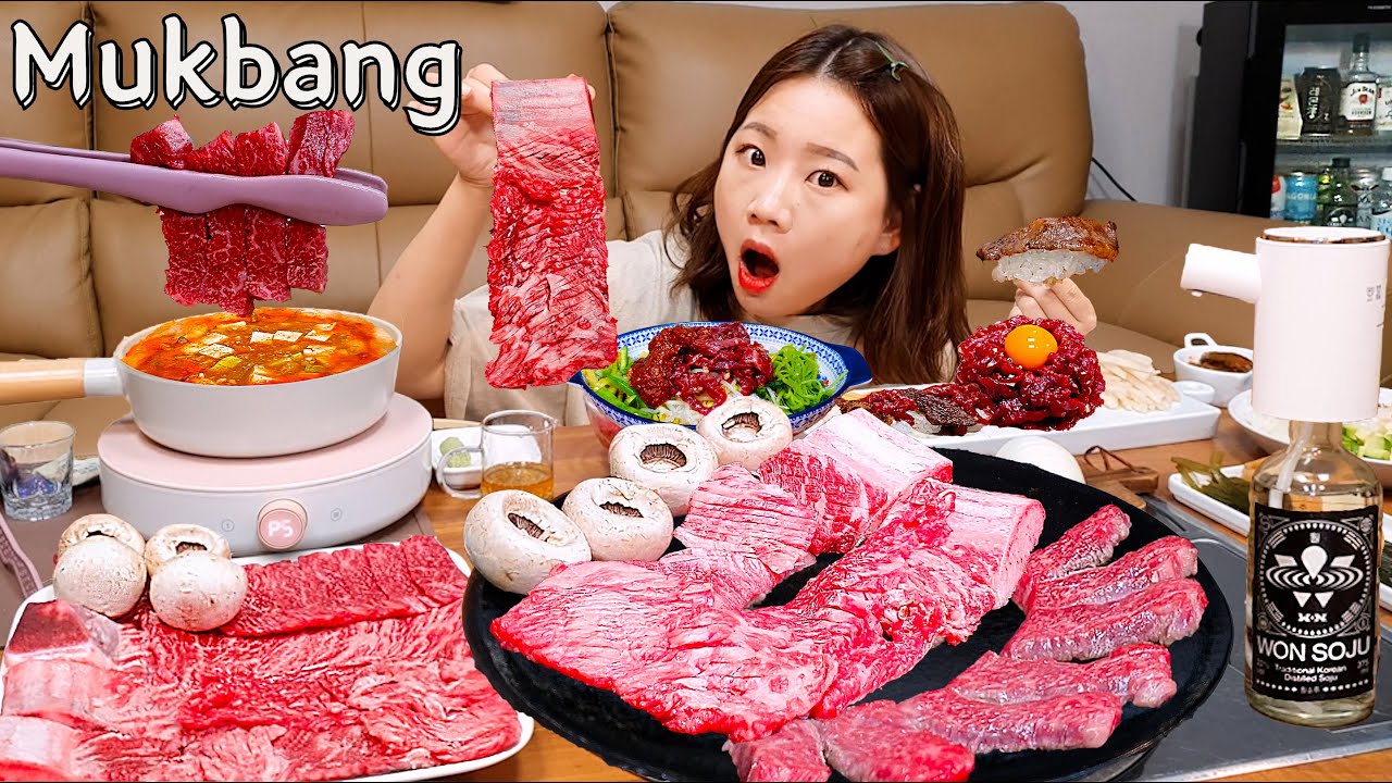 Sub)Real Mukbang- Говядина на гриле 🍖 Сырая говядина 🥩 Суши 🍣 Пибимпап 🍳 АСМР КОРЕЙСКАЯ ЕДА
