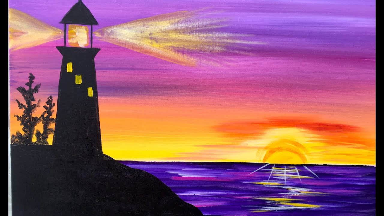 Sunrise Lighthouse Step by Step Acrylic Painting on Canvas for Beginners | TheArtSherpa