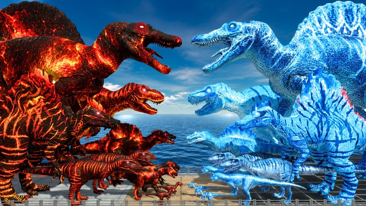 Dinosaurs Bridge Challenge | Fire Spinosaurus vs Ice Spinosaurus | Animal Revolt Battle Simulator