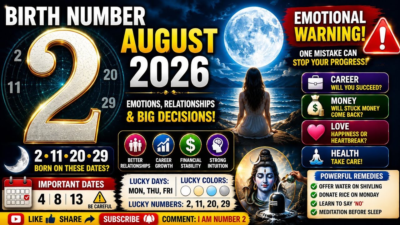 Birth Number 2 August 2026 Prediction | Career, Money, Love & Health | Indian Numerology