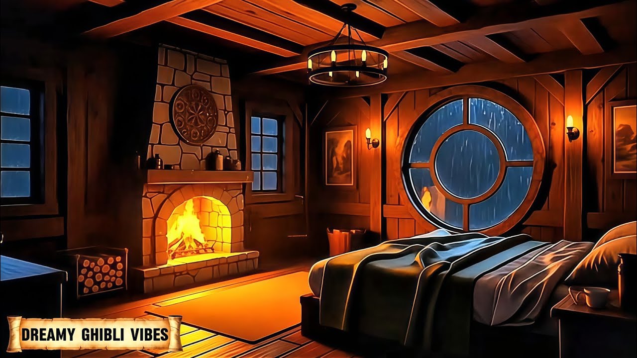 Cozy Hobbit Bedroom – Relaxing Fireplace & Rain Sounds for Deep Sleep 🌧🔥