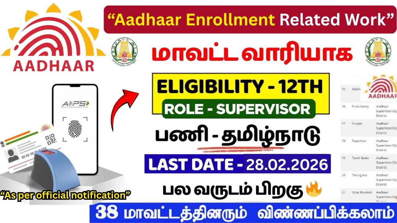 Aadhaar Enrolment Related Work 🔥 | Supervisor Role | 12th Pass | Tamil Nadu | Official Info
