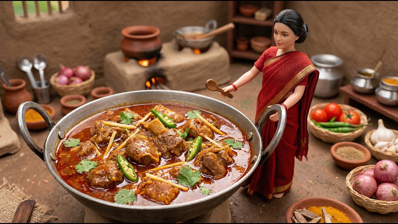 Miniature Doll Giant Mutton Karahi Cooking ASMR | Village Tiny Kitchen Cooking