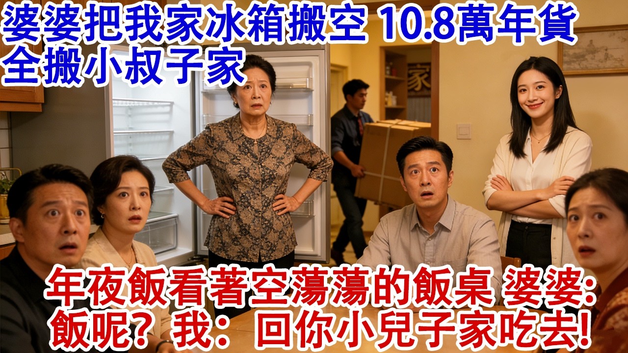 婆婆把我家冰箱搬空，我剛屯的10.8萬年貨全搬小叔子家，年夜飯看著空蕩蕩的飯桌，婆婆急了：飯呢？我笑：回你小兒子家吃去！#婆媳 #家庭 #婚姻 #情感故事 #為人處世