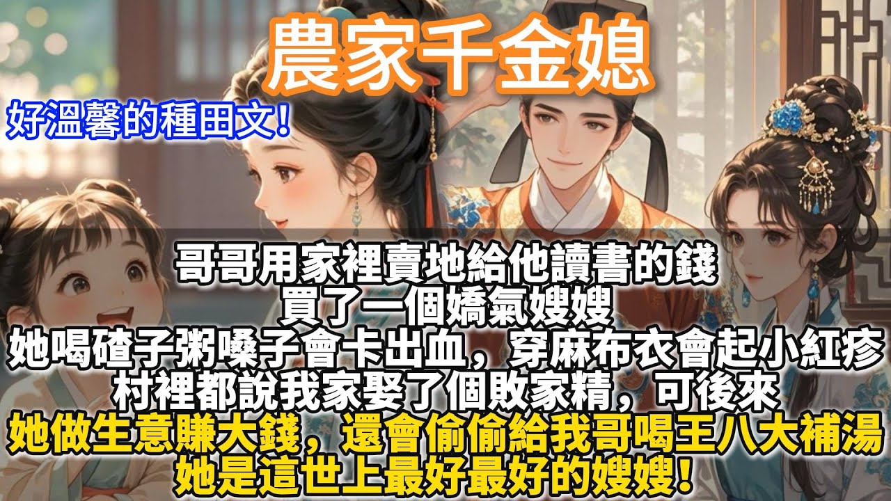 完結溫馨種田文：農家千金媳。哥哥用家裡賣地給他讀書的錢買了一個嬌氣嫂嫂。她喝碴子粥嗓子會卡出血，穿麻布衣胳膊會起小紅疹。村裏都說我家娶了個敗家精。可後來她做生意賺大錢，還會偷偷給我哥喝王八大補湯。