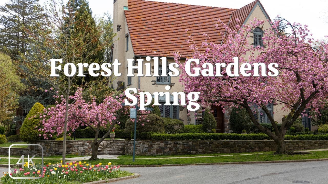 Forest Hills Gardens. Most beautiful neighborhoods in NYC. Cherry Blossoms in New York. 4k
