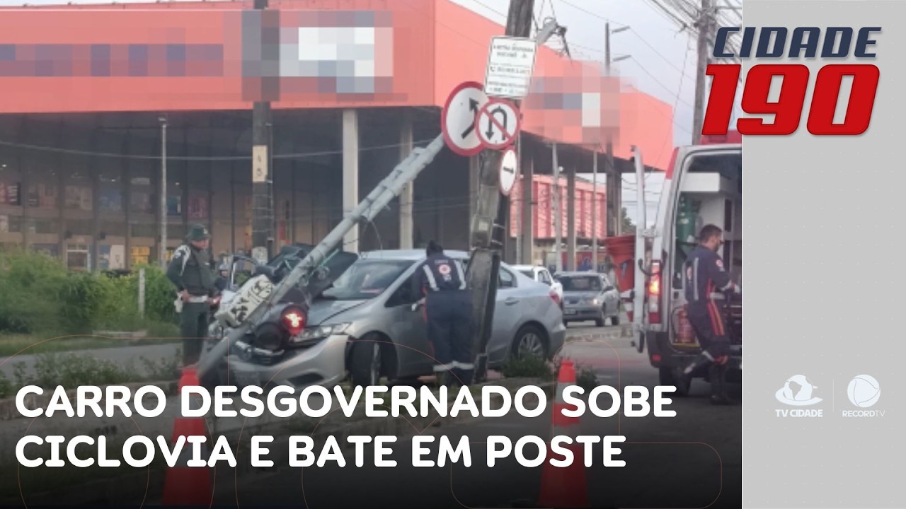 Carro desgovernado sobe ciclovia e bate em poste; semáforo ficou sem funcionar | Cidade 190