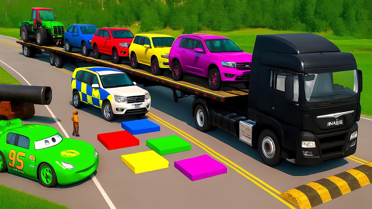 Double Flatbed Truck  / Transportation with Truck / MCQUEEN vs 7Car #32 / BeamNG Gao Drive