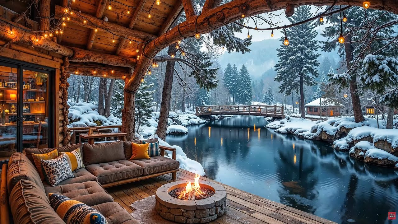 Cozy Piano Music Riverside Porch in Winter Forest ❄️🔥 Crackling Campfire & Nature Sounds Ambience