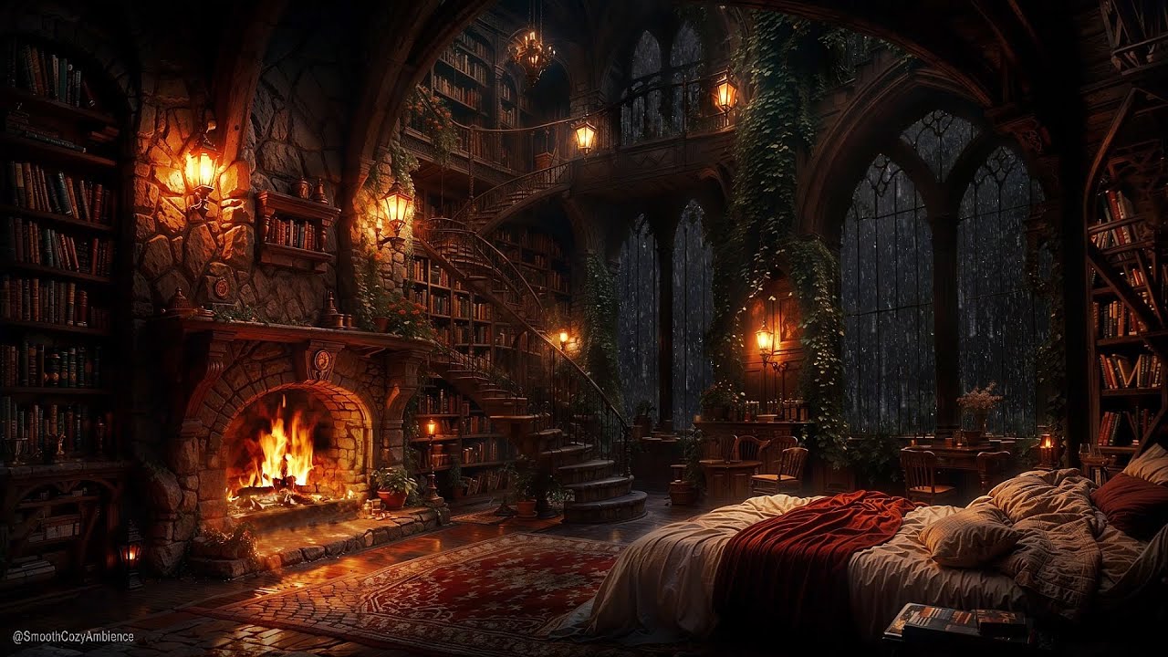 Deep Sleep Ambience in a Fireplace Castle Bedroom With Rain & Thunder Sounds