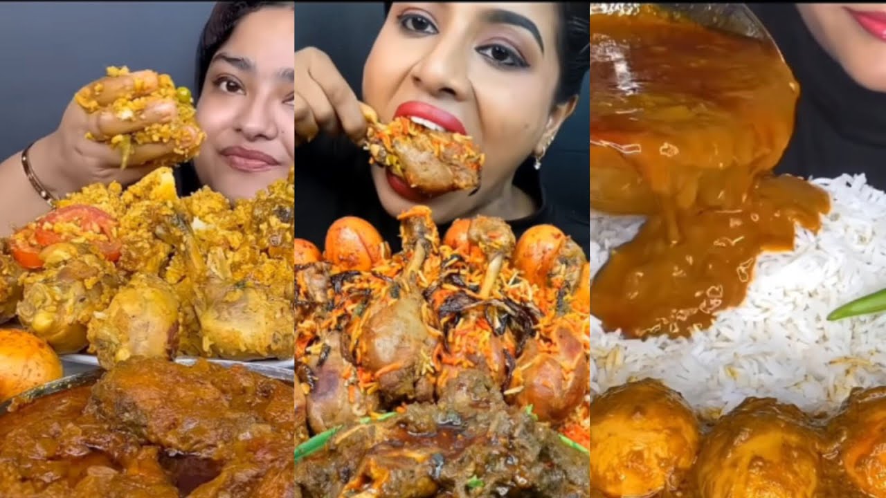 ASMR:EATING, SPICY,CHICKEN GRILL CHICKEN CURRY EGG CURRY BASMATI RICE BIGFISH CURRY CHICKEN BIRYANI 
