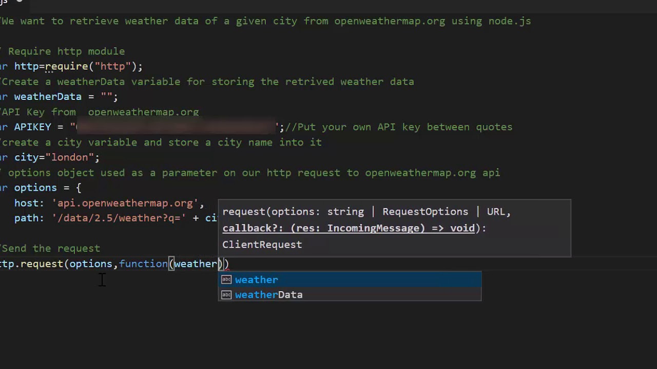 Retrieve weather data from openweathermap.org api using node js