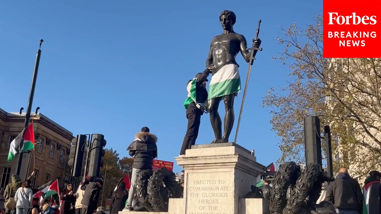 Protester Wraps Palestinian Flag Around World War I Memorial In London, U.K., On Armistice Day
