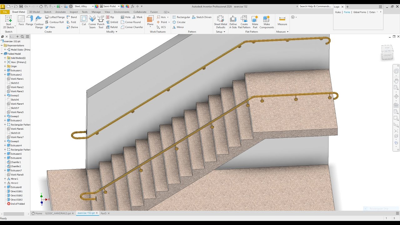 Autodesk Inventor Create Steel Pipe Handrails On Stair Exercise 152