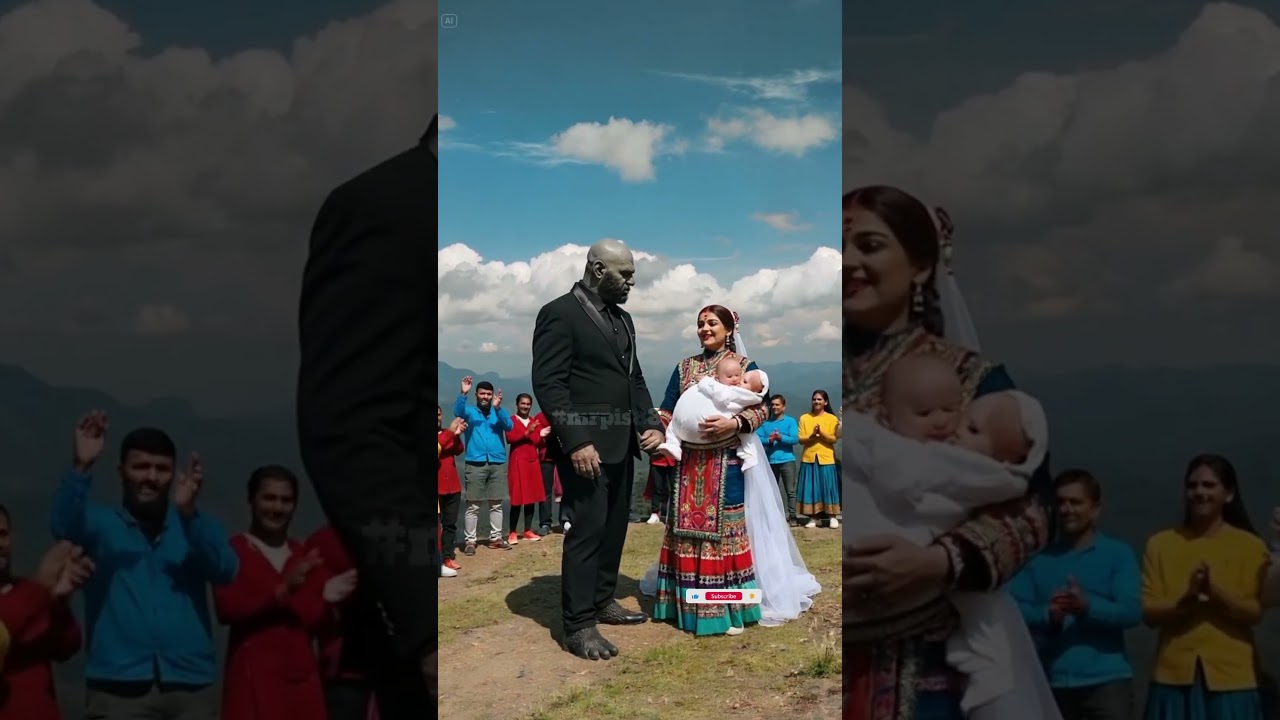 Man with strange skin in formal suit at mountain event #nature #animals #event