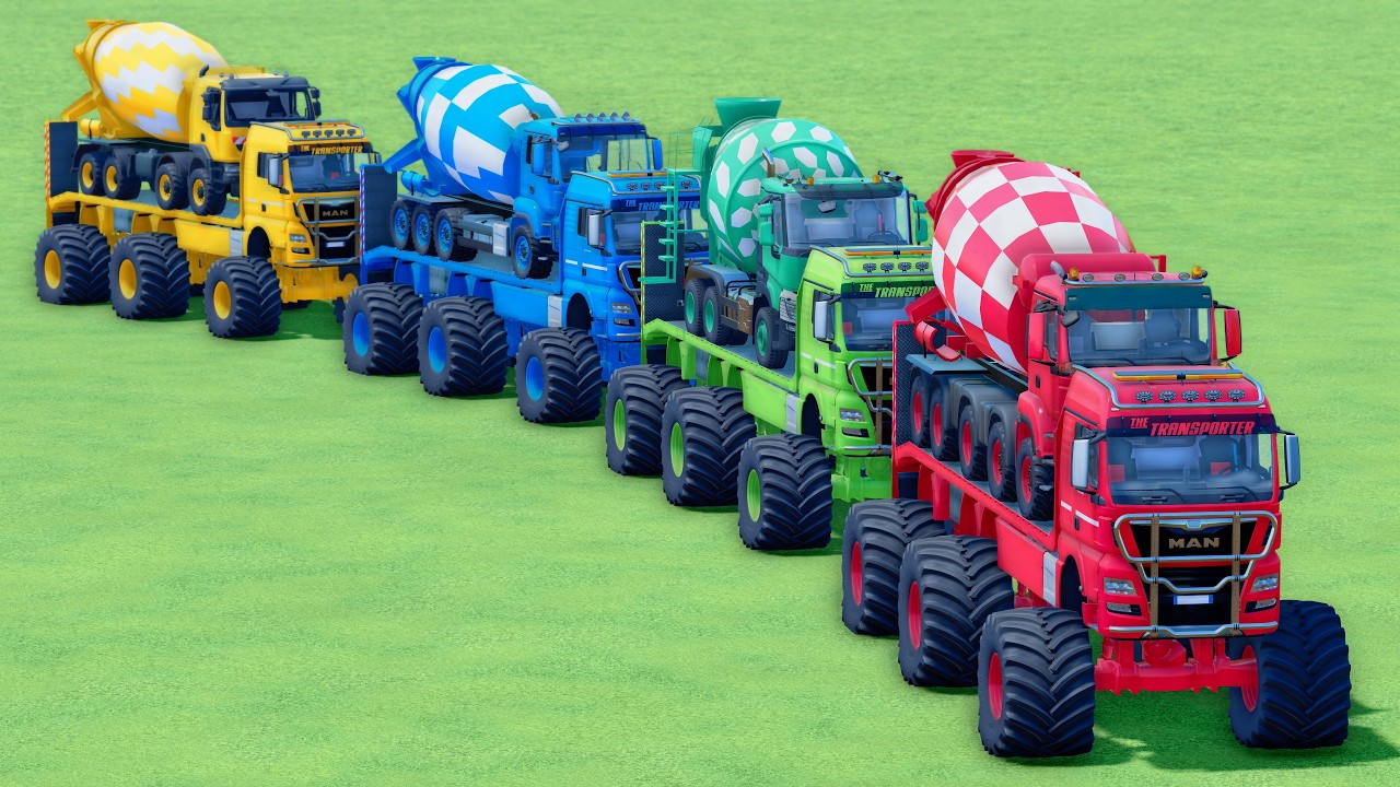 MONSTER FLATBED TRUCK LONG CONVOY TRANSPORT OF COLORS! ALL  MIXER TRUCK, RENAULT, MERCEDES - FS25