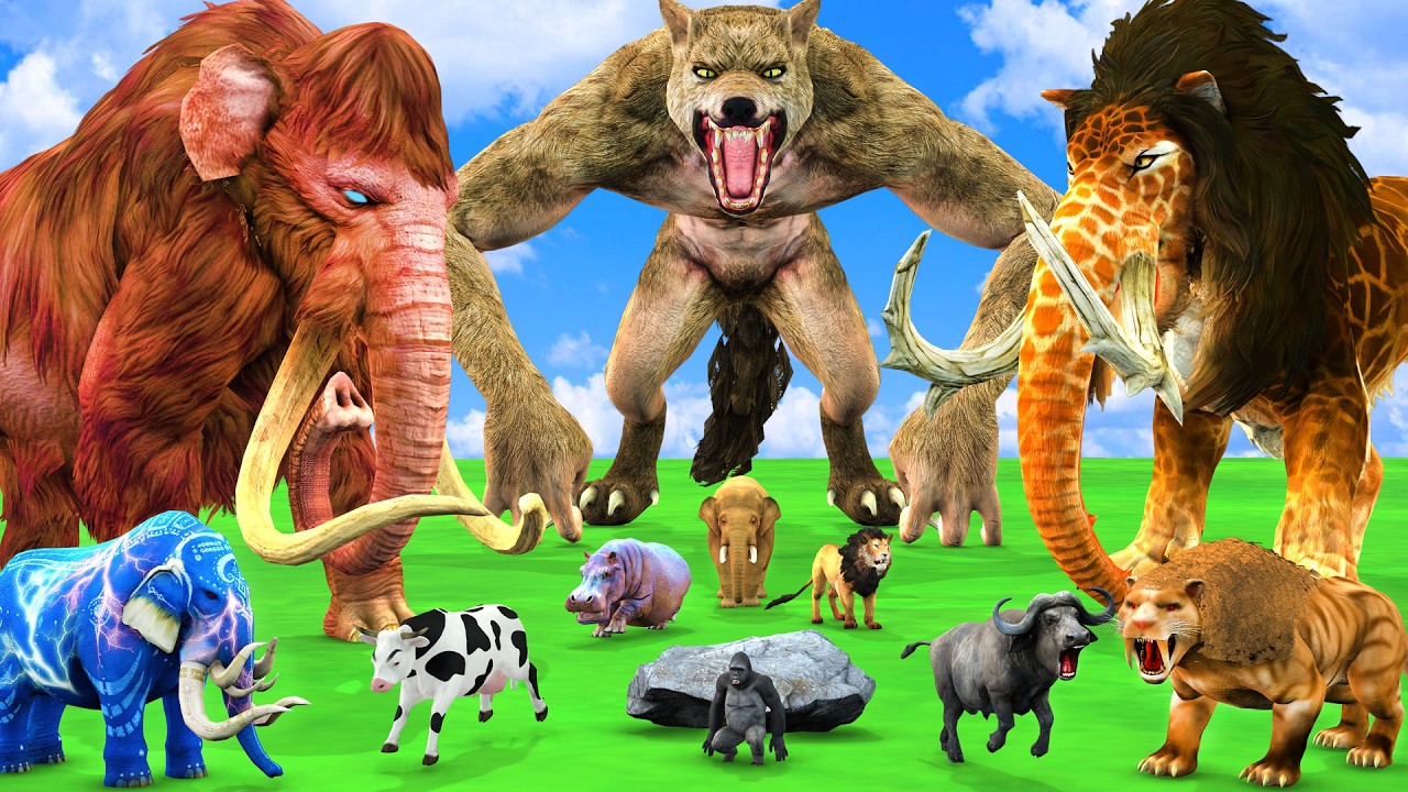5 Giant Mammoth Elephant Cow Vs Giant Godzilla Shin Vs 5 Giant Tiger Lion Cub Saved By Wolly Mammoth