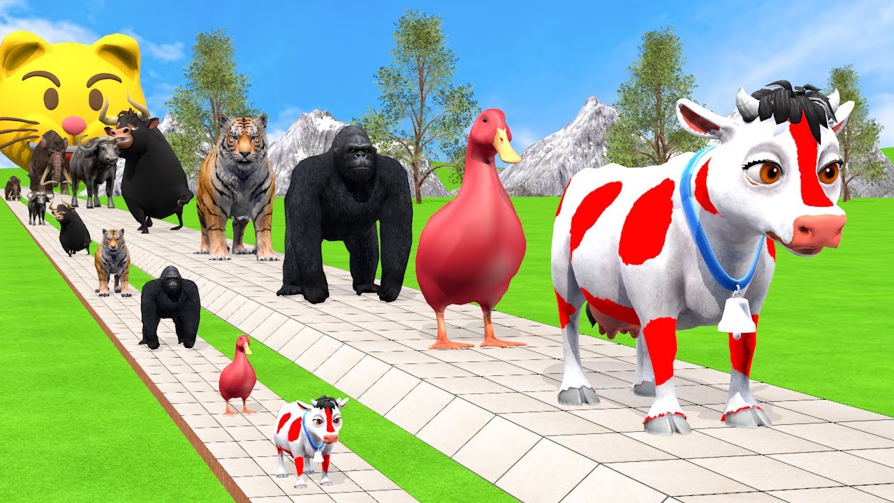 Long Slide Game With Cow Elephant Gorilla Hippopotamus Tiger - 3d Animal Game - Funny 3d Animals