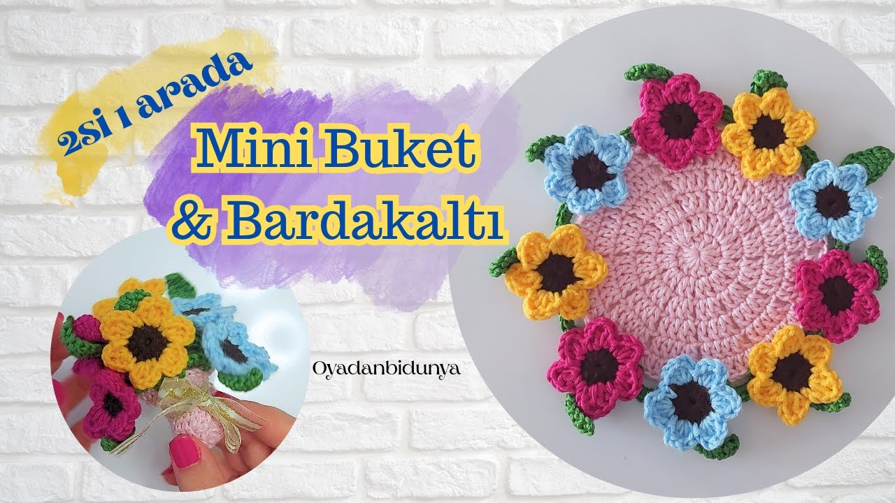 &Ouml;rg&uuml; Mini Buket &Ccedil;i&ccedil;ekli Bardakaltı yapımı #tığişi #hediyelik