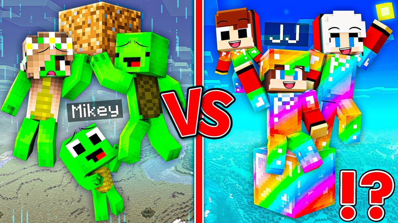 Mikey Family vs JJ Family : RAINBOW Block vs DIRT Block Survive Battle in Minecraft - Maizen Stories