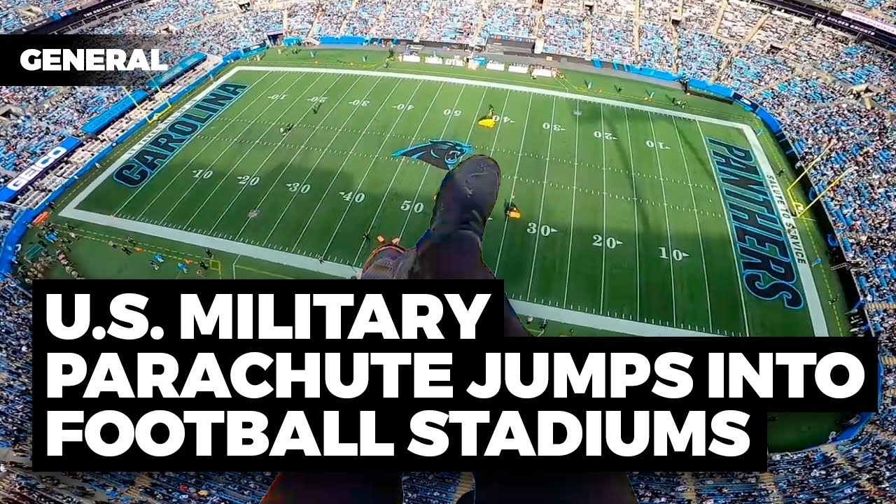 POV of U.S. Military Parachute JUMPS Into STADIUMS