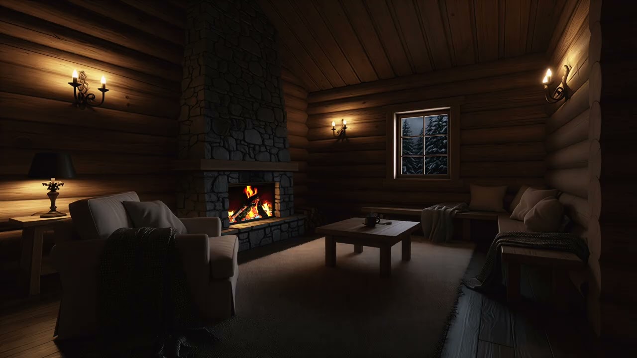 Snowy Forest Cabin at Night – Warm Indoor Glow, Silent Winter Outside