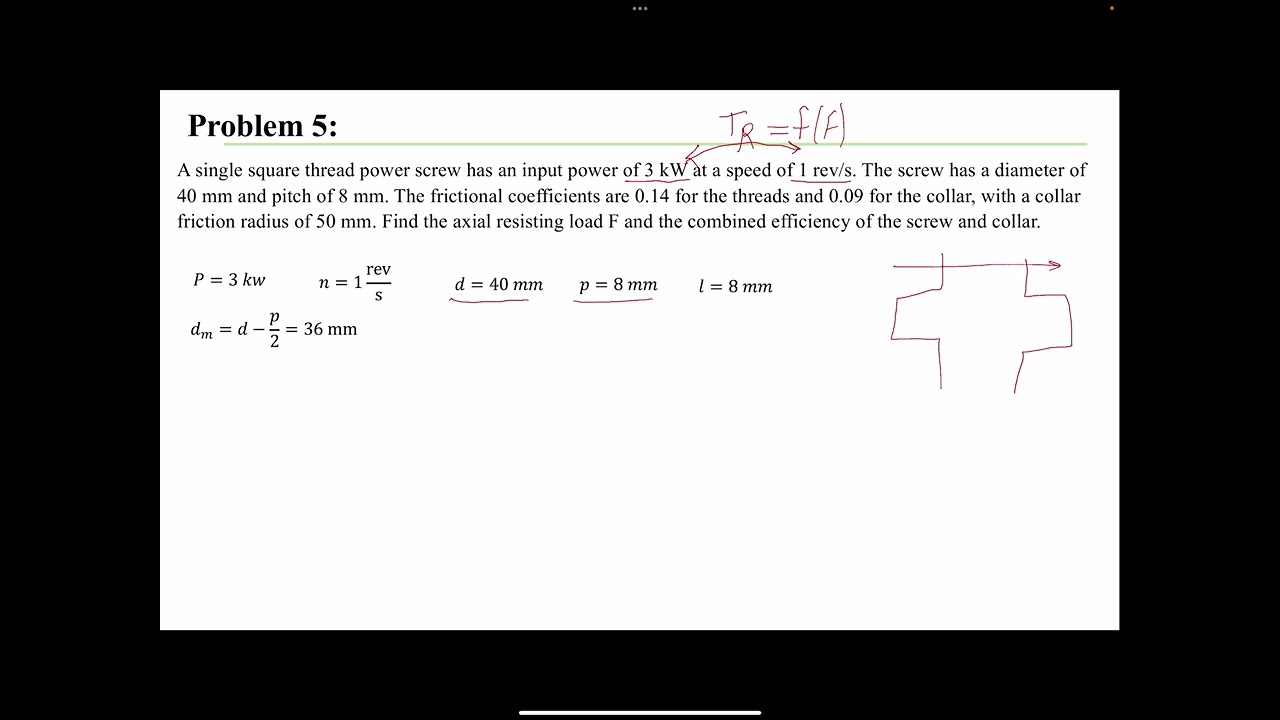 Power Screw Example 5: Finding the axial load F and the combined efficiency of the screw and collar