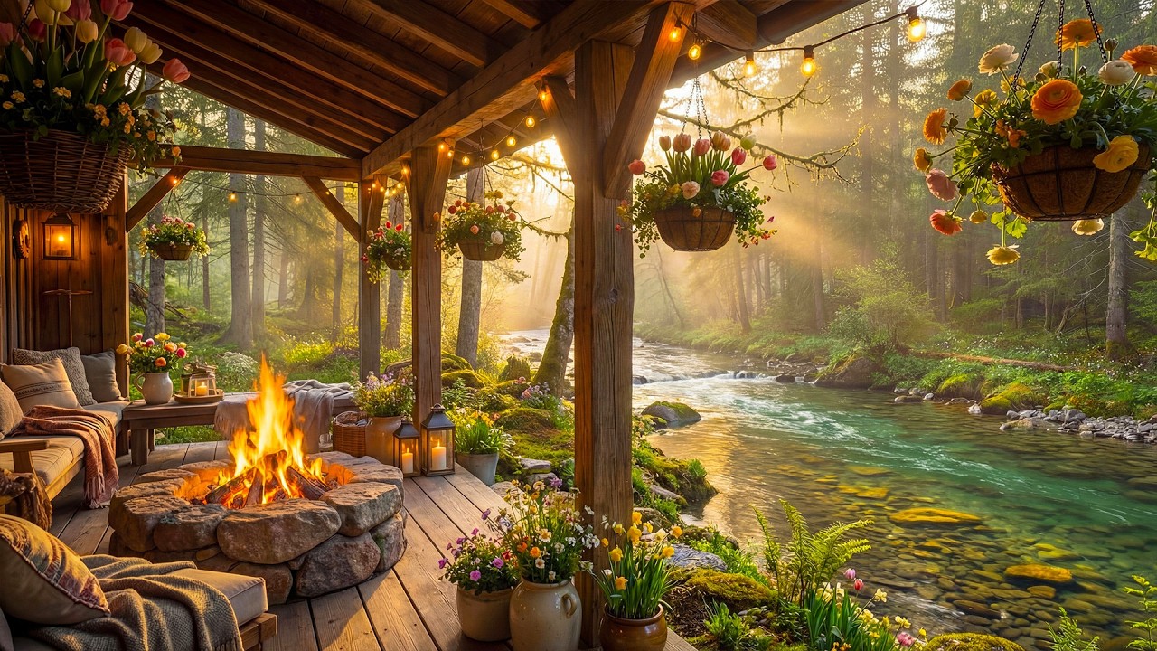 Cozy Spring Forest Cabin Porch 🌸🔥 Relaxing Campfire, Flowing River & Nature Ambience for Relaxation