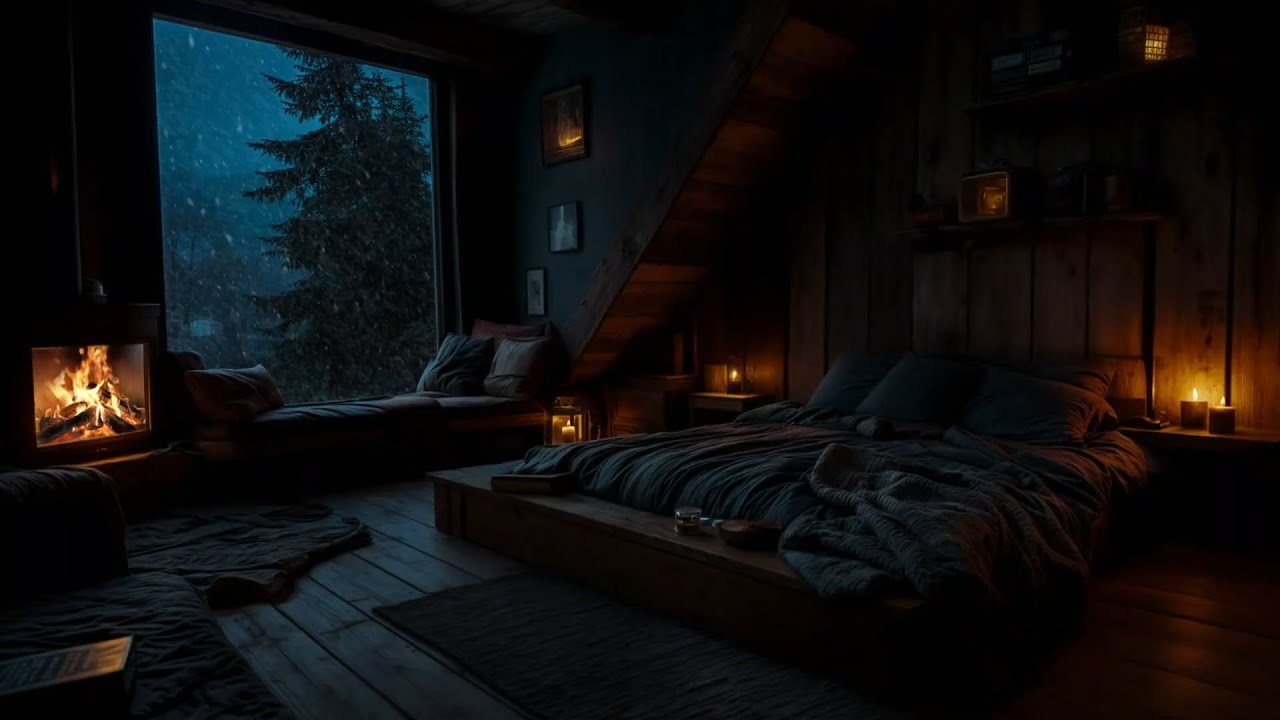 ❄️🏡 Snowy Night Outside Warm Cabin Living Room | INSTANT SLEEP 😴🔥 Fireplace Ambience (No Ads)
