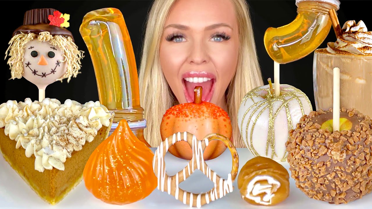 ASMR PUMPKIN PIE, CHOCOLATE COVERED PRETZELS, APPLE CRUMBLE, PUMPKIN SPICED HONEY JELLY MUKBANG 먹방