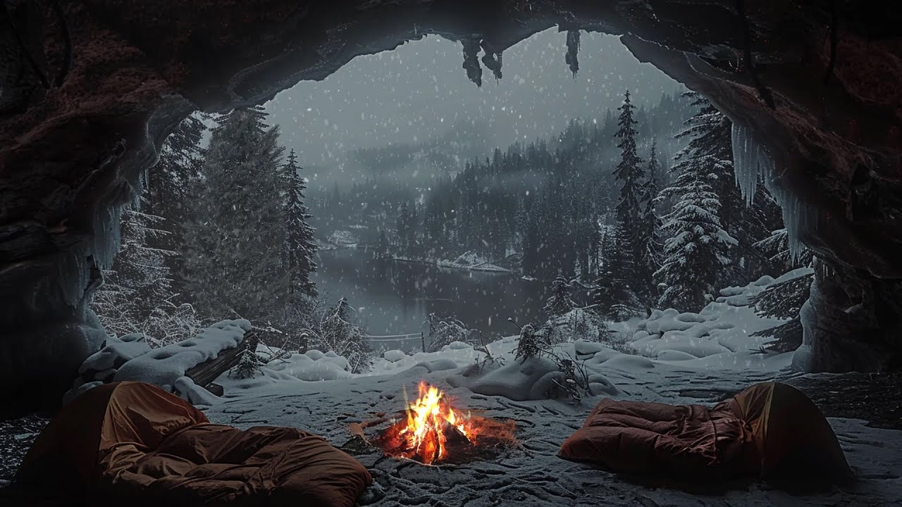 Winter Cave Ambience 😴 Snowstorm, Howling Wind and Fireplace Sounds for Sleeping, Reduce Stress