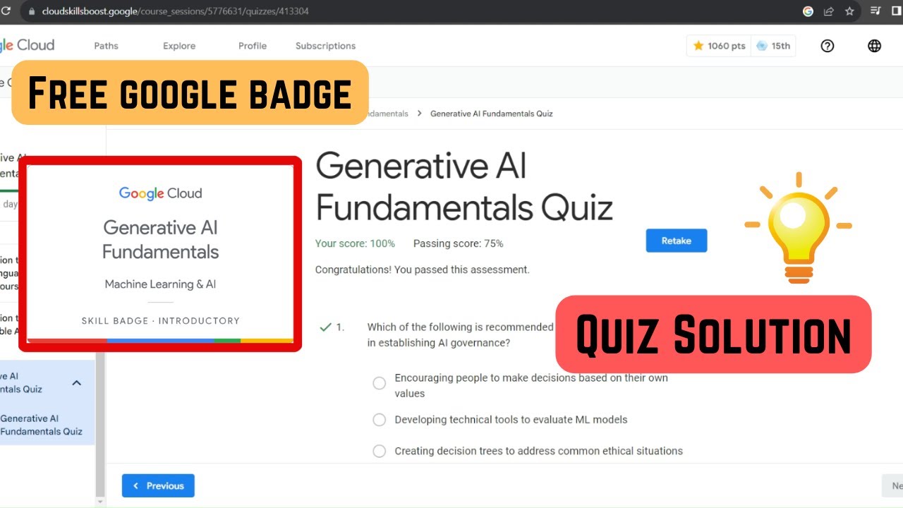 Quiz Solution: Generative AI Fundamentals       #googlecloud #googlecloudskillsboost #arcade