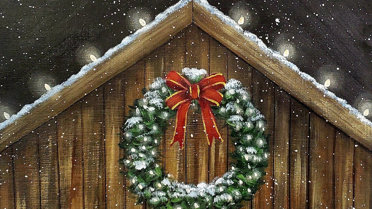 Christmas Lighted Barn with Wreath Acrylic Painting LIVE Tutorial