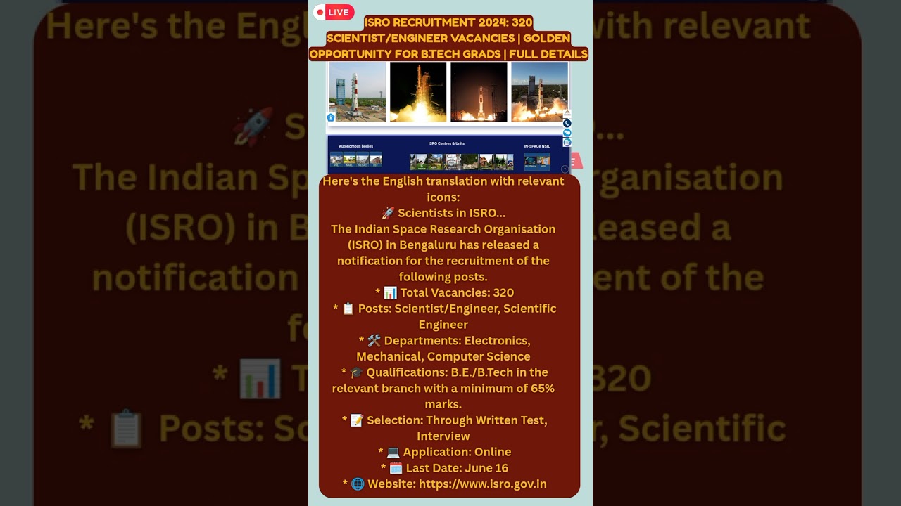 ISRO Recruitment 2024: 320 Scientist/Engineer Vacancies | Golden Opportunity for B.Tech Grads