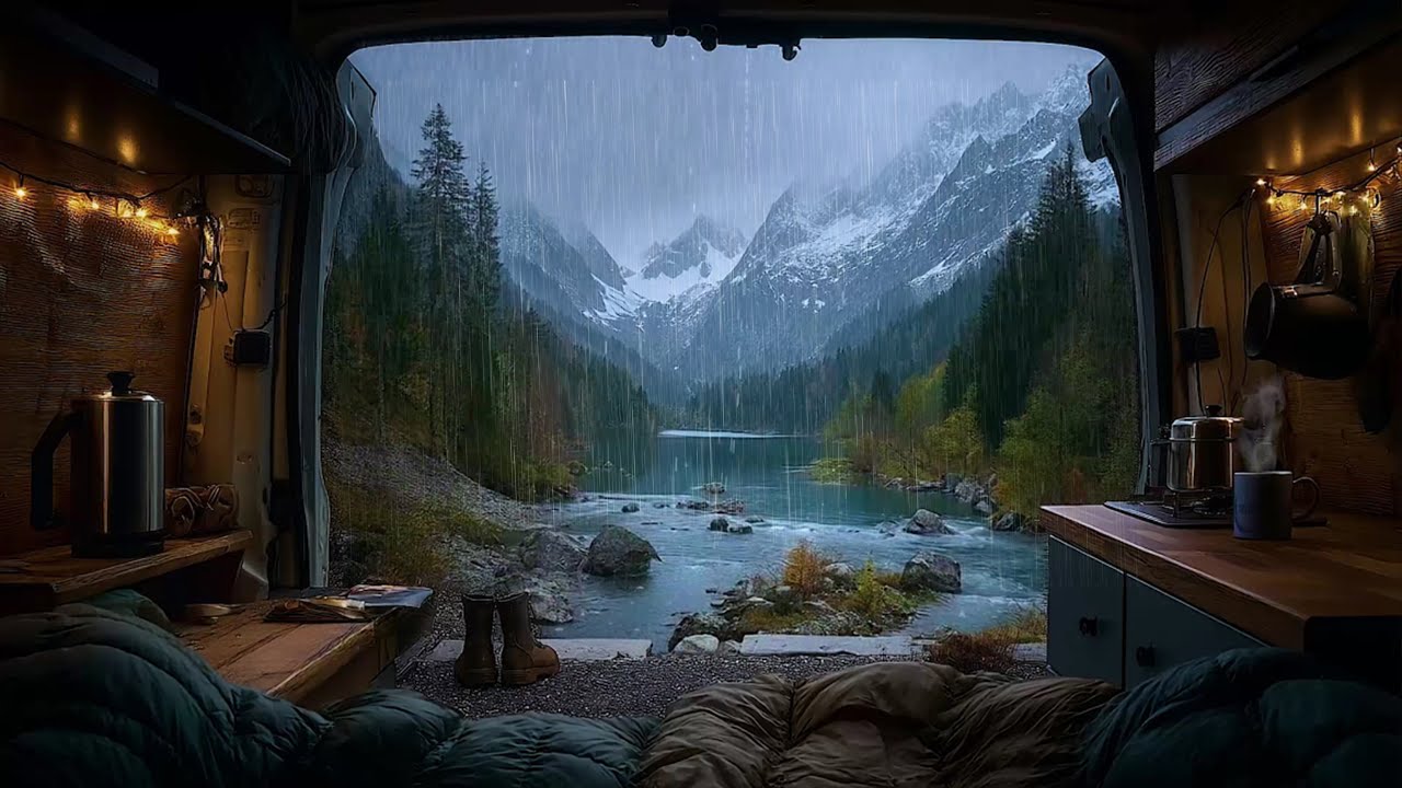 Unwind and Relax with Rain Inside Campervan with Mountain River  🚐  Feel Relaxed and Calm with Rain