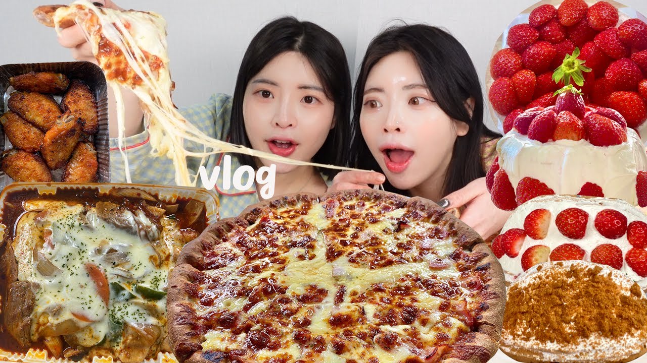 [먹방브이로그]겨울이 젤좋아 ..딸기를 마음껏 먹을 수 있잖아🍓🍰 (선명희피자 치즈베이컨 설빙 딸기케이크 미쿡와플 로투스와플 누텔라와플 딸기와플 매운갈비찜 막국수)
